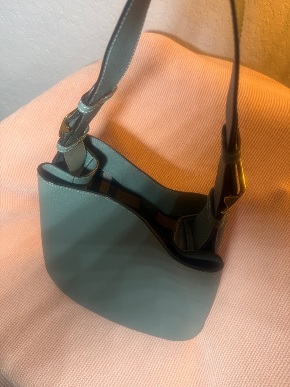 Burberry Teal Leather Bucket Shoulder Bag - Picture 6 of 10